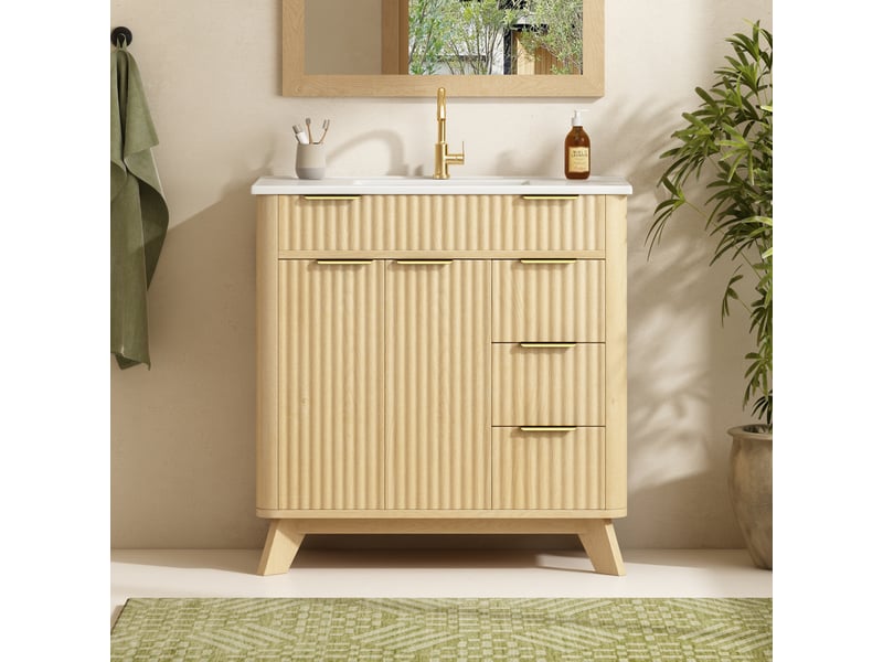 Meuble sous vasque avec 3 tiroirs, 2 portes et lavabo en céramique pour salle de bain 81×47×90 cm - Conforama C