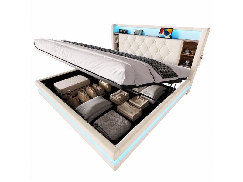 Lit coffre 160 x 200 cm avec rangement, cadre en velours beige, tête de lit multifonction, led et usb - Conforama A
