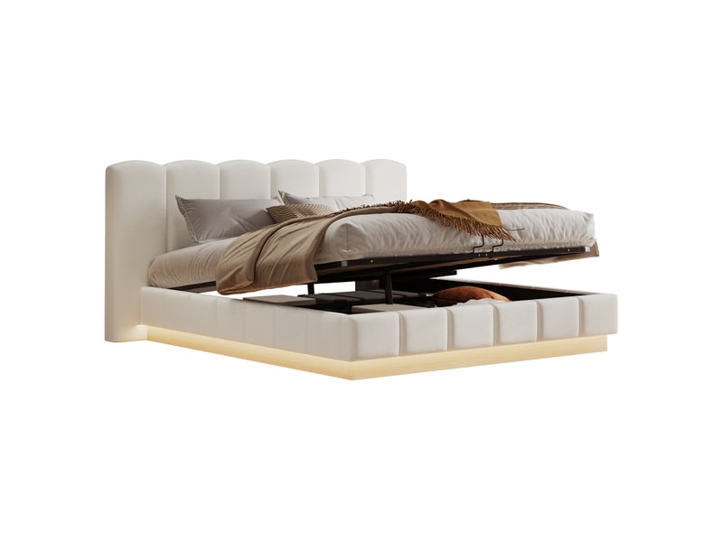  Lit coffre double 180 x 200 cm avec sommier, led et tête de lit bouclé blanc  - Conforama A