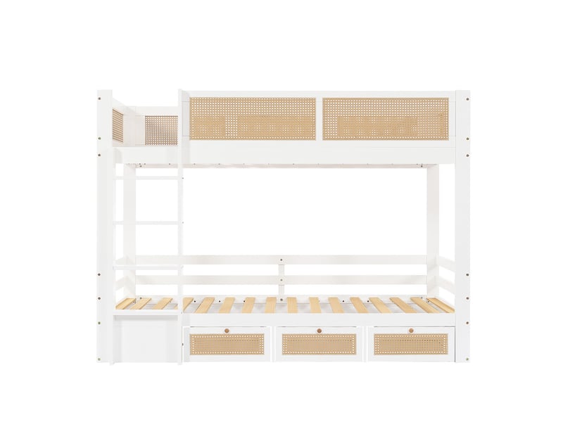  Lit superposé, 90 x 200 cm, trois tiroirs, avec barrières de sécurité, pin + mdf + contreplaqué, blanc et naturel  - Conforama A