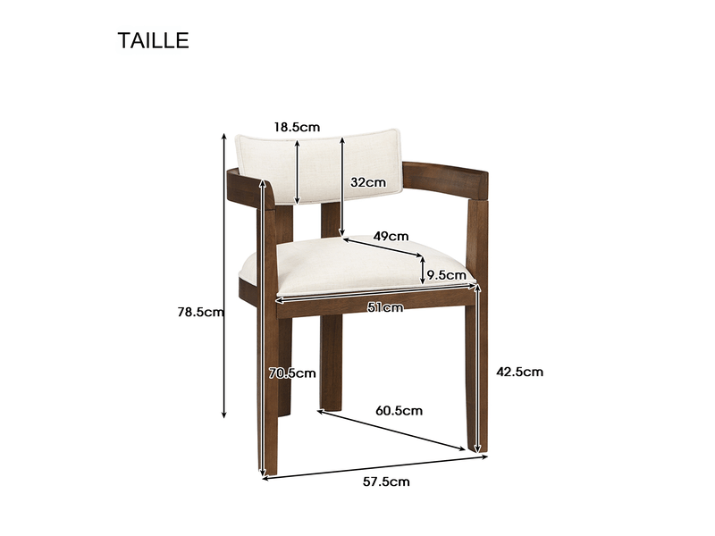  Lot de 6 chaises de salle à manger avec accoudoirs, bois massif noyer et lin, 57,5 x 60,5 x 78,5 cm  - Conforama C