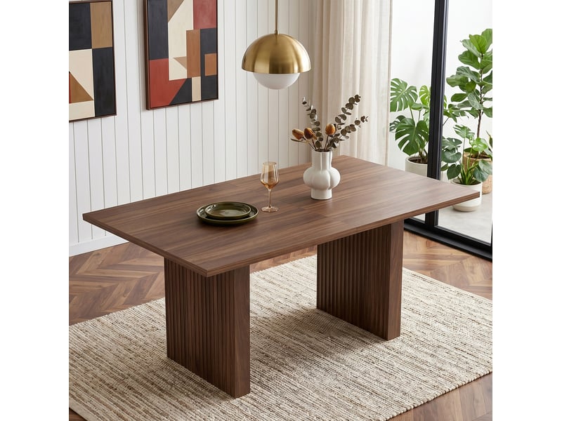  Table à manger extensible 140-200x90cm, plateau épais 3 cm, 6-8 personnes, panneau aggloméré finition noyer, salle à manger et salon  - Conforama E