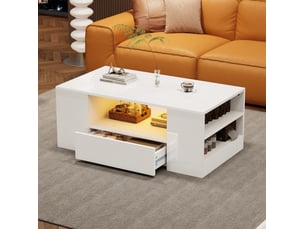 Table basse avec 2 tiroirs et 2 niches led, style moderne, pour salon, en panneau de particules, blanc brillant