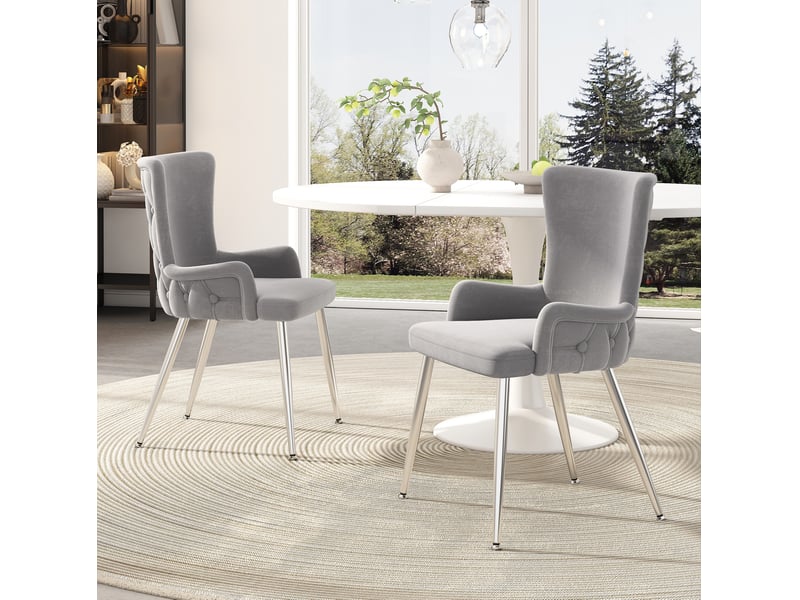  Chaise de salle à manger lot de 6 avec accoudoirs et dossier haut en velours gris avec pieds métalliques argentés  - Conforama E