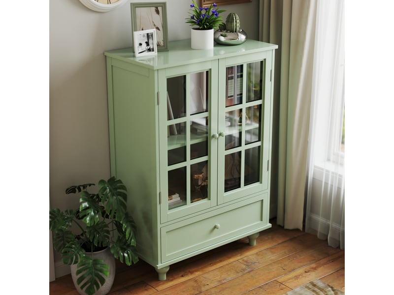 Buffet de cuisine - 71x38x93 cm - meuble de rangement minimaliste moderne en bois avec 2 portes vitrées et tiroir - vert - Conforama B