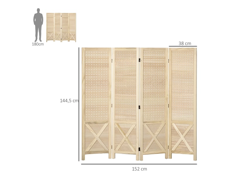  Paravent intérieur en bois 4 panneaux séparateur de pièce pliable panneau perforé bois naturel 152 x 1,7 x 144,5 cm  - Conforama C