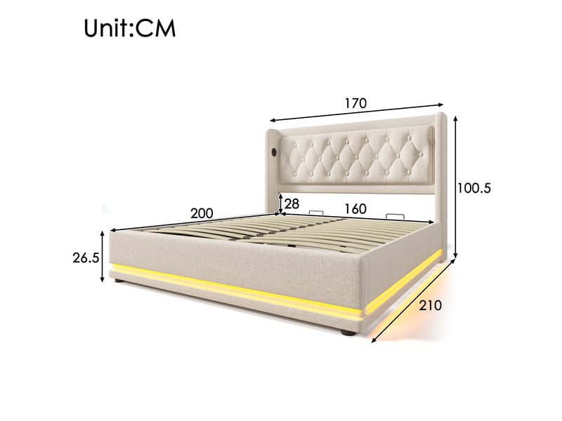  Lit coffre 160 × 200 cm 2 places avec led 3 côtés, usb et type-c, matelas inclus, en coton beige  - Conforama D