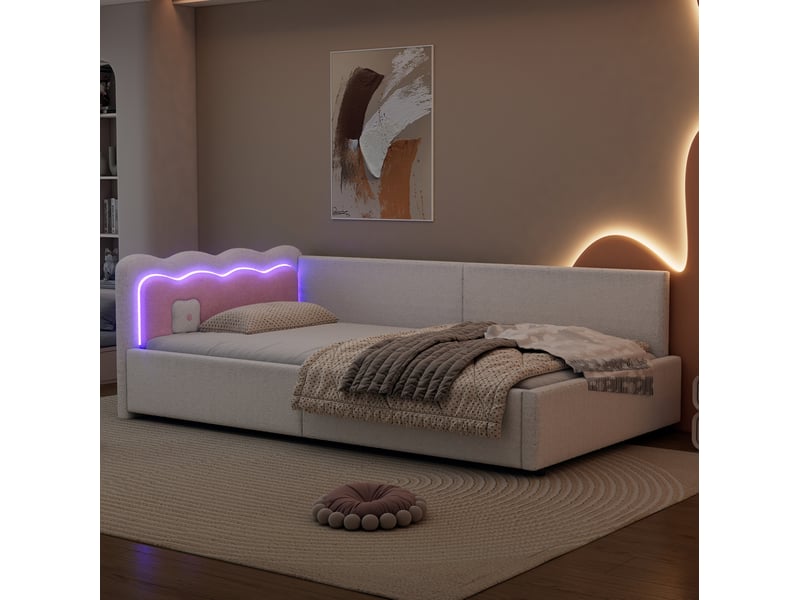  Modenvie lit banquette 90x200 cm - avec éclairage led et tête de lit color block, sans matelas - blanc  - Conforama E