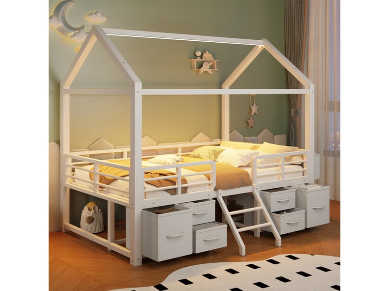  Lit mezzanine enfant 90x200cm avec toit de cabane et led, lit surélevé avec plusieurs tiroirs en tissu et rangement au pied, structure en métal, blanc Seren Glow - Conforama D