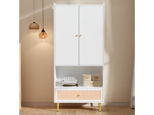 Armoire chambre 80x48x175 cm - 2 portes, penderie, tiroir en rotin pe, étagère ouverte, blanc