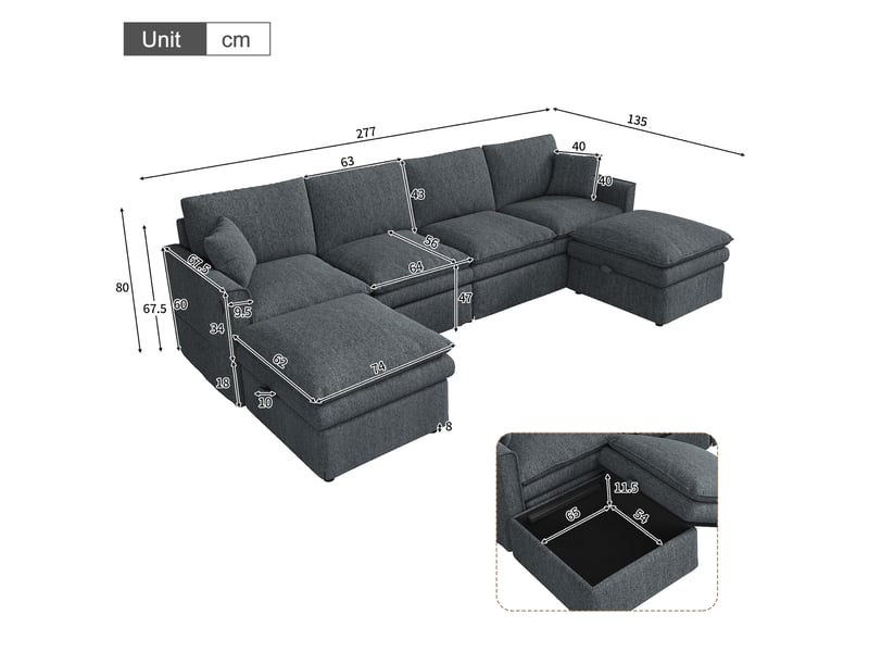 Canapé panoramique modulable 6 places en ul 277x135x80 cm, 2 poufs coffres, usbtype-c, ressorts ensachés, tissu coton et lin gris - Conforama C