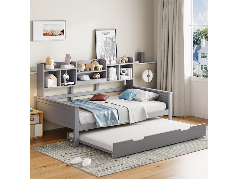  Canapé-lit en bois massif gris 90x200 cm avec lit gigogne 90x190 cm, rangements et lattes  - Conforama D