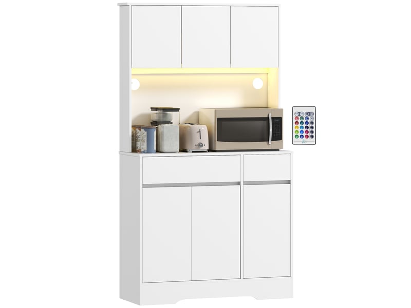  Buffet de cuisine, meuble de rangement haut avec éclairage led rgb, plan de travail, 6 portes, 2 tiroirs, blanc  - Conforama A