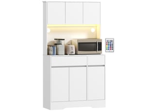 Buffet de cuisine, meuble de rangement haut avec éclairage led rgb, plan de travail, 6 portes, 2 tiroirs, blanc