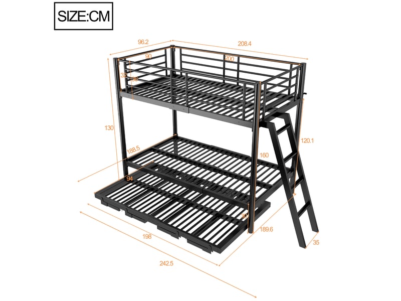  Lit superposé avec lit gigogne 90x200 cm en métal noir, structure gain de place pour chambre enfant, sans matelas  - Conforama C