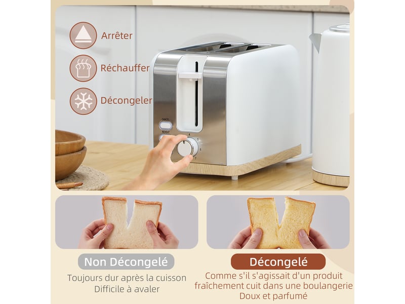 Ensemble bouilloire et grille-pain, 1,7l, 2200w, blanc, grille-pain 2 tranches avec 7 niveaux de brunissage  - Conforama E