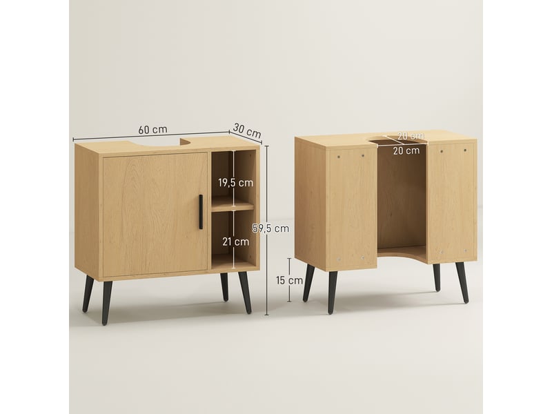  Meuble sous lavabo salle de bain avec porte à fermeture progressive et étagère réglable, 60 x 30 x 59,5 cm, chêne  - Conforama E