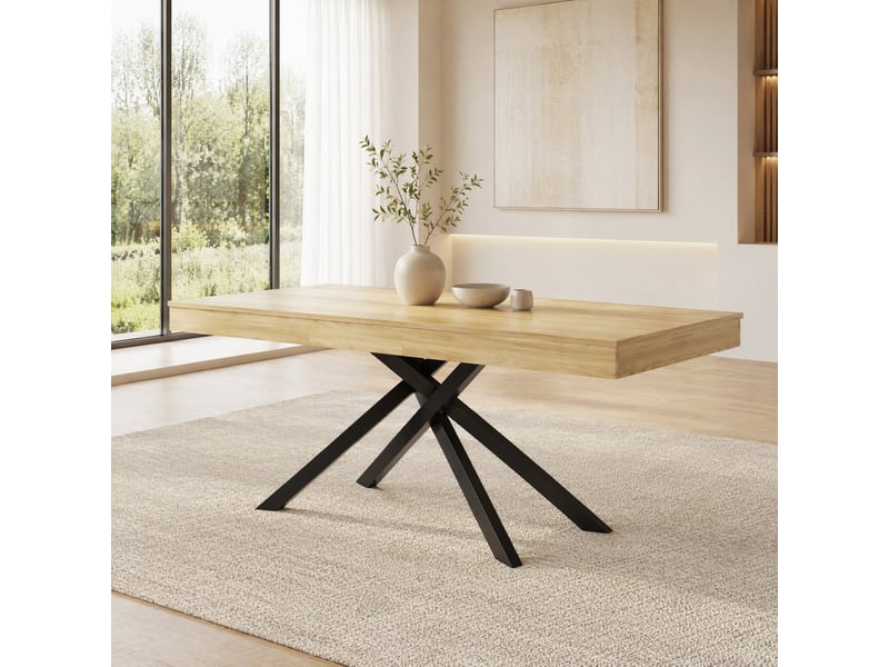 Table à manger extensible 140180x80x76 cm, 6 à 8 places, plateau épais, pieds croisés métal, mdf, chêne - Conforama B