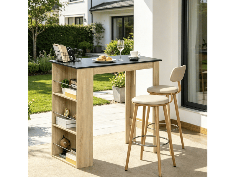 Table bar 112 x 57 x 106 cm en panneau de particules avec 3 étagères noir et chêne chicfurn - Conforama B
