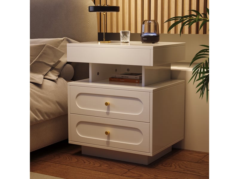  Table de chevet led blanche avec 2 tiroirs et niche ouverte, 50 x 40 x 60 cm  - Conforama D