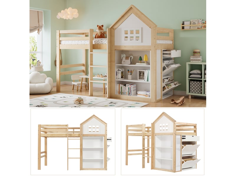  Lit mezzanine enfant 90x200 cm, maison, 3 tiroirs, marches, barrières, pin et mdf, blanc et naturel, sans matelas  - Conforama D