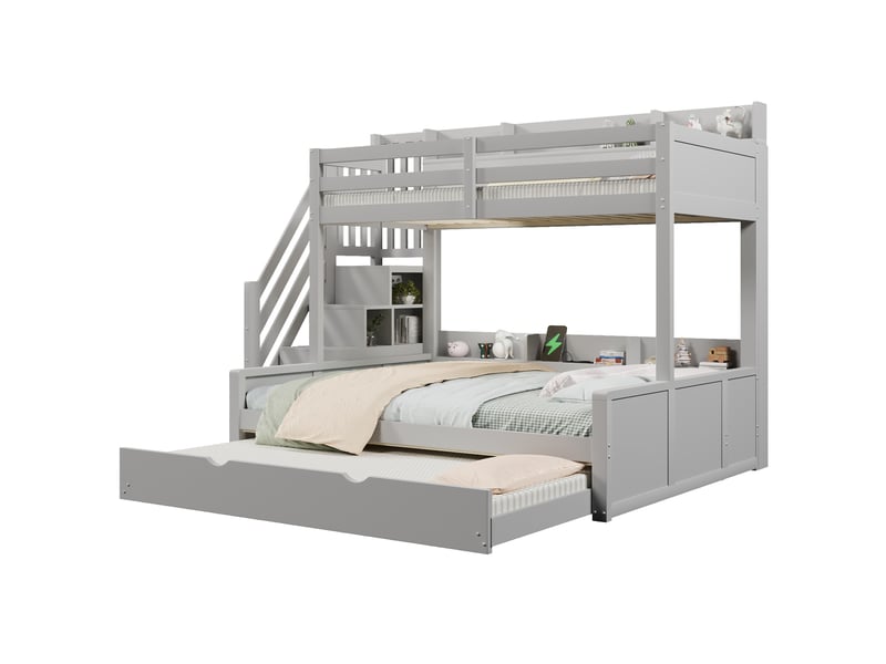  Lit superposé 90x200 et 140x200 cm gris avec lit gigogne, rangements et port usb  - Conforama A