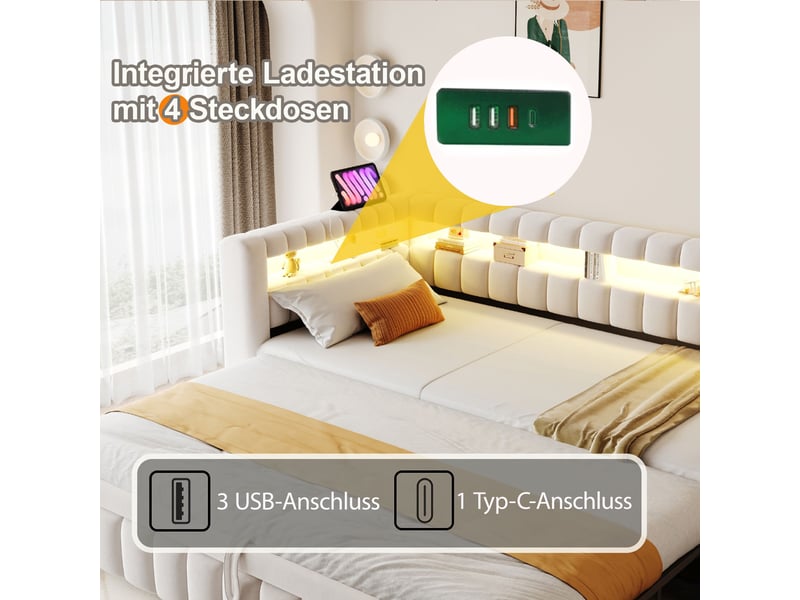 Lit banquette convertible 90x200 cm avec lit gigogne, led, usb et type-c, tête de lit avec rangement, velours beige - Conforama D
