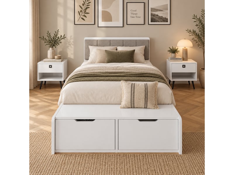 Lit enfant en bois 90x200cm - tête de lit rembourrée - avec 2 tiroirs et banc de bout de lit - blanc (sans matelas) - Conforama D