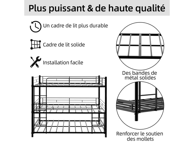  Lit superposé triple métal 90 × 190 cm, échelles, noir IKSETERA TRADING LTD - Conforama W