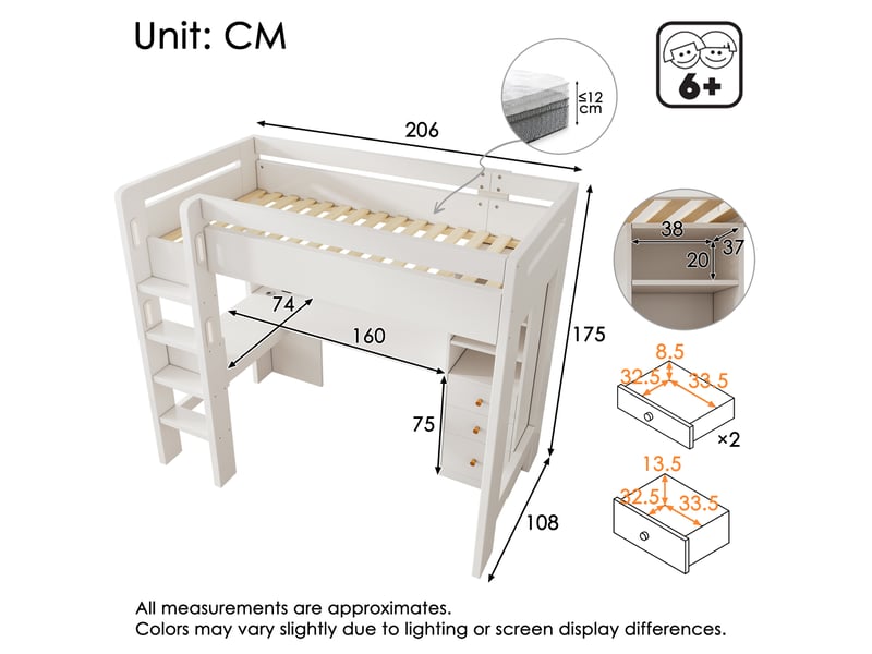  Lit mezzanine 90 × 200 cm 1 place avec bureau d'angle, 3 étagères, 3 tiroirs, usb et type-c, sans matelas, blanc  - Conforama D