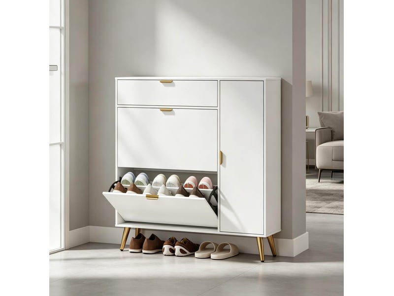  Meuble à chaussures avec 2 compartiments basculants, rangement supérieur et 3 étagères latérales réglables blanc  - Conforama E
