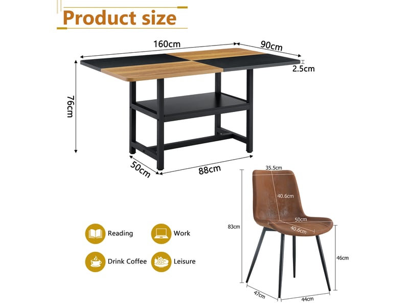  Ensemble table à manger rectangulaire 160 cm avec 4 chaises, étagère intégrée, plateau mdf, tissu marron et métal noir  - Conforama E