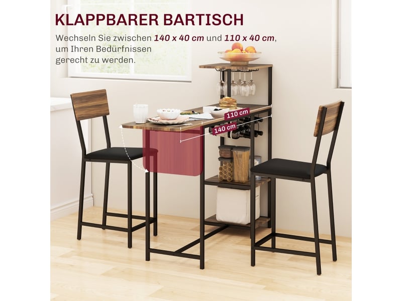  Ensemble table et chaises de bar avec 1 table extensible et 2 tabourets  - mdf et métal - marron  - Conforama E