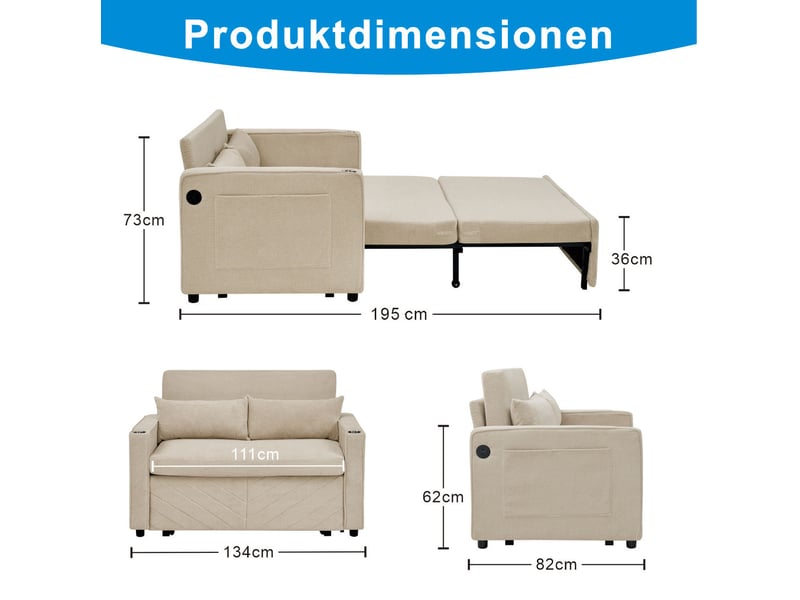  Canapé droit convertible 2 places en tissu beige avec ports usb, coulissant 3 en 1 pour petits espaces  - Conforama C