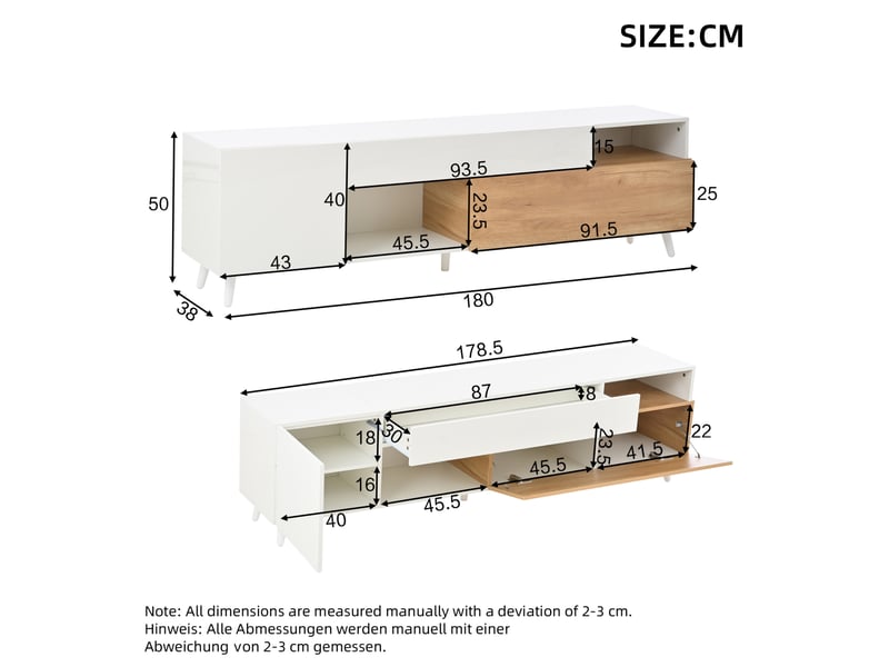  Meuble tv 180x38x50 cm façade brillante panneau de particules blanc et bois naturel  - Conforama E