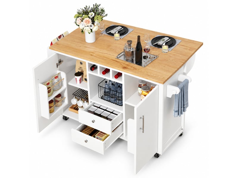 Îlot central de cuisine blanc 137.9 x 45-73 x 92 cm avec 2 tabourets, table rabattable, 2 portes 2 tiroirs et roulettes - Conforama A