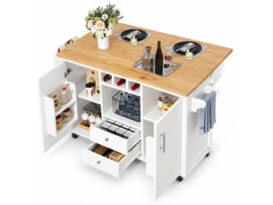 Îlot central de cuisine blanc 137.9 x 45-73 x 92 cm avec 2 tabourets, table rabattable, 2 portes 2 tiroirs et roulettes