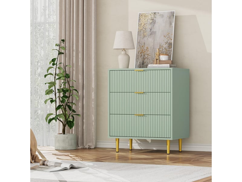  Commode moderne 3 tiroirs façade ondulée – rangement élégant, poignées et pieds dorés – pour chambre, salon ou entrée -vert PHK_35LRJ4BE - Conforama A