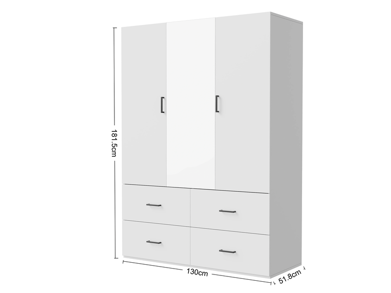  Armoire blanc,2 portes battantes ,1 miroir ,4 tiroirs ,2 penderies, l 130 x h 181.5 x p 51.8 cm,armoire de chambre  - Conforama C