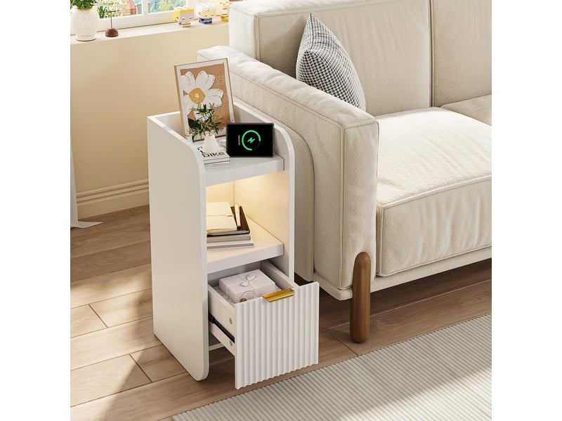 Lot de 2 tables de chevet 25x30x60cm, station de charge et led, 1 tiroir, bout de canapé en bois, style moderne, blanc - Conforama D