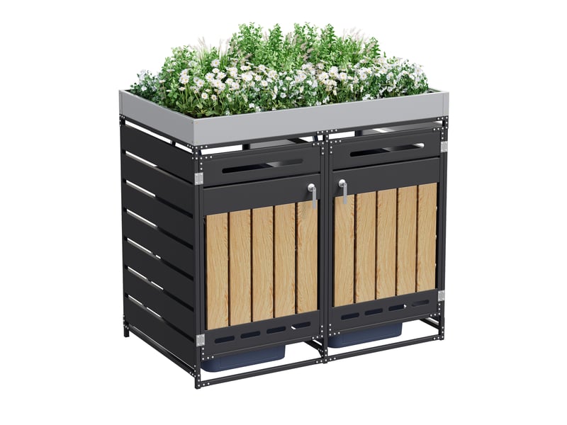  Abri poubelle avec jardinière intégrée, 2 compartiments, ventilation et portes verrouillables en fer noir 137 × 79 × 125 cm  - Conforama A