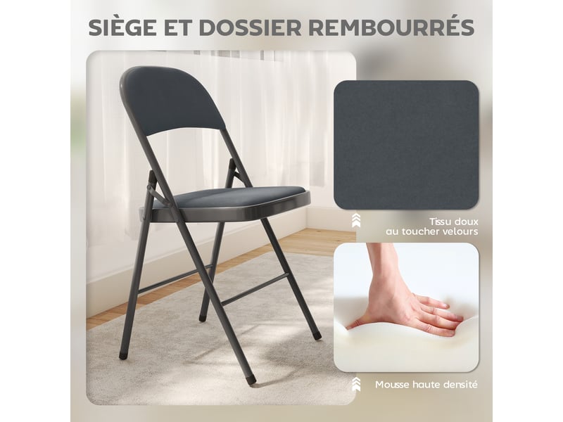  Lot de 4 chaises pliantes et portables intérieur avec assises et dossiers rembourrés en velours, gris foncé, cadre en acier  - Conforama E
