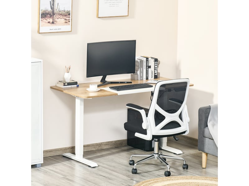  Bureau électrique hauteur réglable, 140x70 cm, 4 positions mémoire, plateau 4 parties, assis-debout, anti-collisionsurchauffe, blanc.  - Conforama D