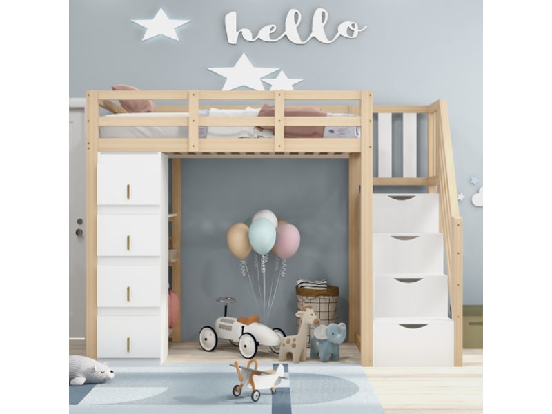  Lit mezzanine 90x200 cm, lit enfant avec escalier de rangement, sécurité et 4 tiroirs, en bois, naturel et blanc, sans matelas  - Conforama B