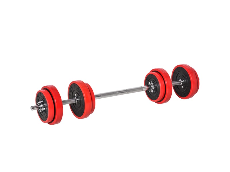  Ensemble haltères réglables 20 kg, 2 en 1, 8 disques, 2 barres, manivelle, musculationhaltérophilie, noirrouge.  - Conforama B