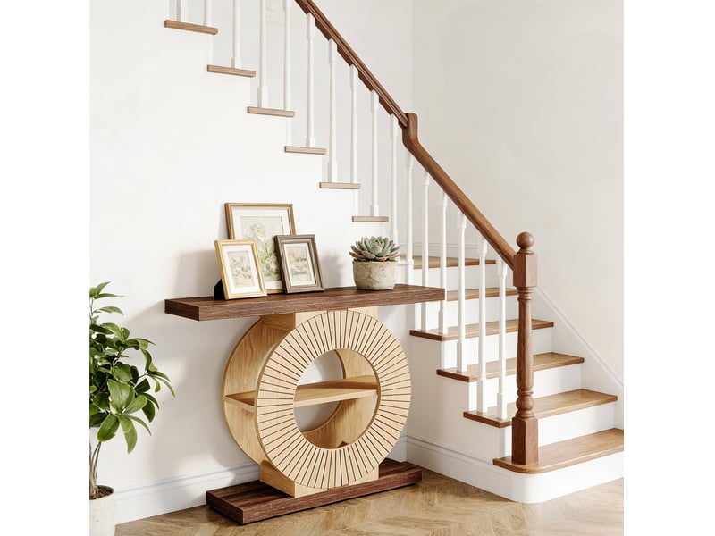  Table console d'entrée 100 x 29,5 x 79,5 cm marron en bois, étagère ouverte et support circulaire central  - Conforama D