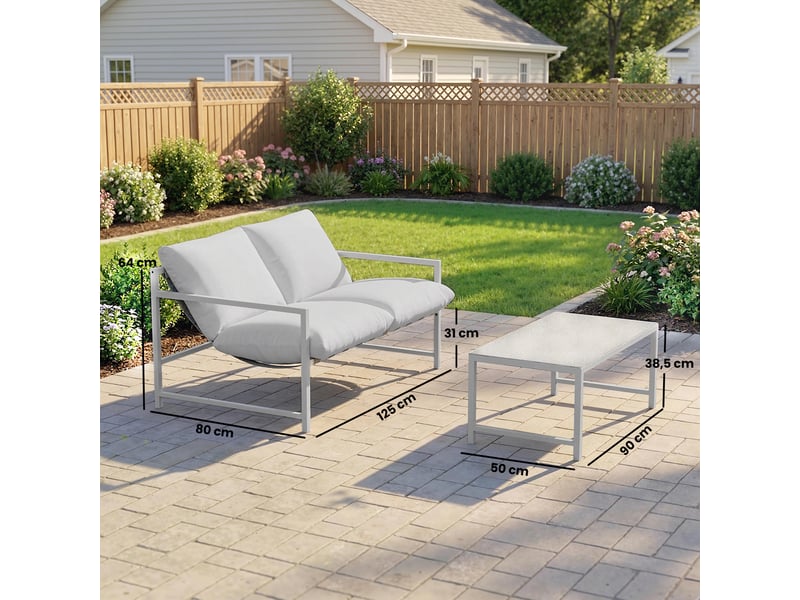  Salon de jardin extérieur 2 pcs, canapé avec coussins, table basse en verre trempé, gris clair  - Conforama E