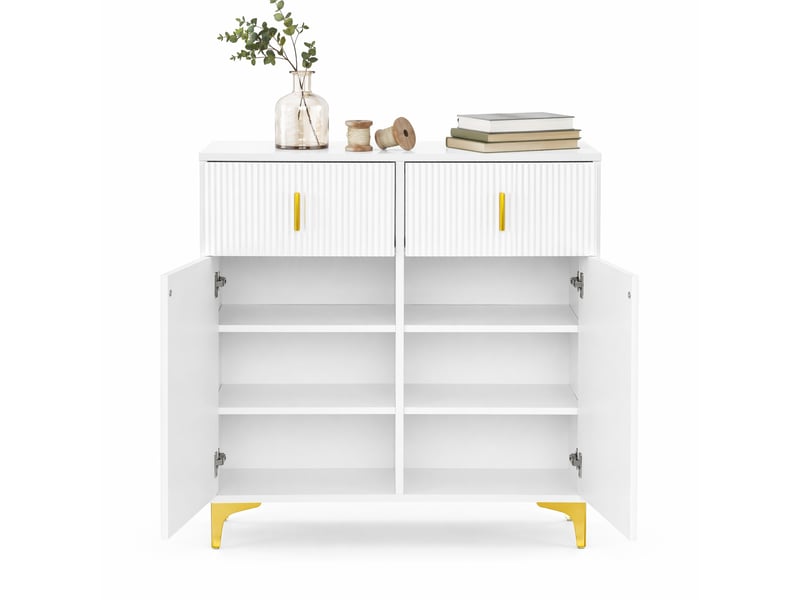 Buffet haut ulevr à 2 portes et 2 tiroirs, étagères réglables, 83 x 35 x 101 cm, panneaux de particules blanc et détails dorés - Conforama A