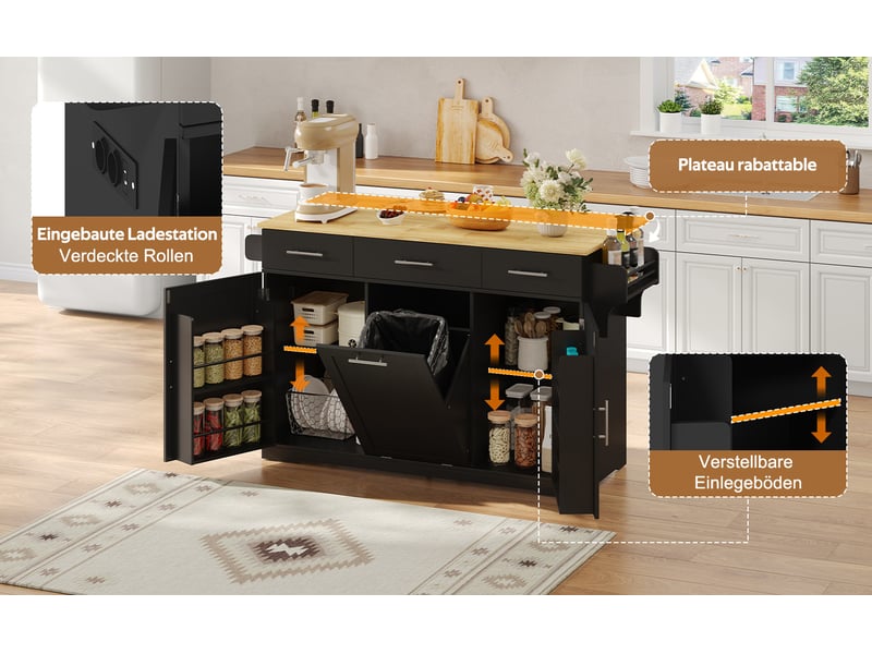  Îlot de cuisine mobile noir et bois naturel en mdf, plateau rabattable, 3 tiroirs, prise intégrée, 136 × 50 (75) × 92 cm  - Conforama E