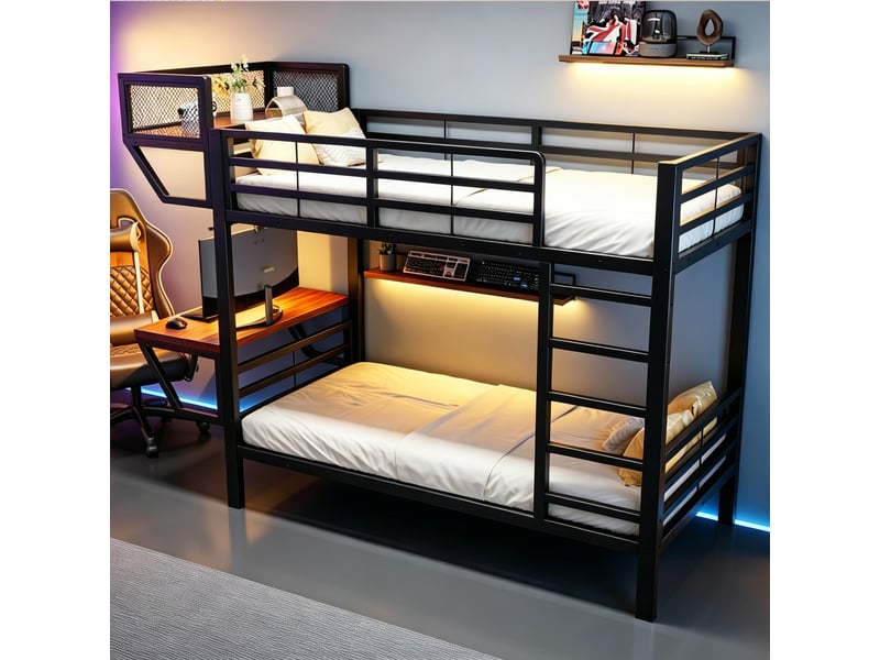 Lit superposé - 90x200 cm - bureau intégré - sommier à lattes - rangements intégrés - structure métal - lit enfant - noir CozyNest - Conforama C